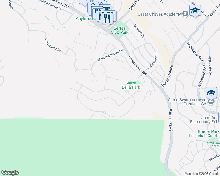 map of restaurants, bars, coffee shops, grocery stores, and more near 2627 Chad Zeller Lane in Corona