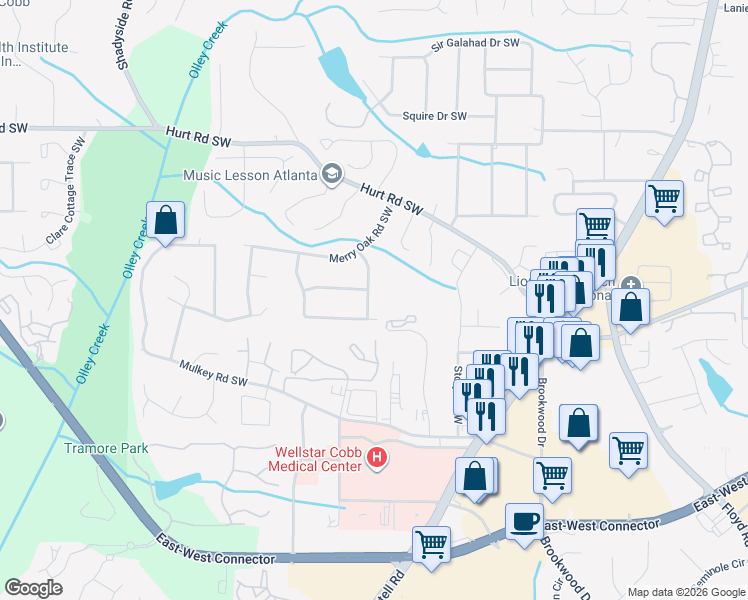 map of restaurants, bars, coffee shops, grocery stores, and more near 3661 Silver Leaf Lane Southwest in Marietta