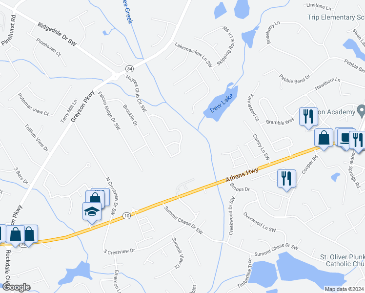 map of restaurants, bars, coffee shops, grocery stores, and more near 2905 Haynes Club Circle Southwest in Grayson