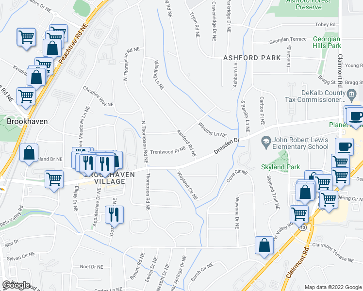 map of restaurants, bars, coffee shops, grocery stores, and more near 1602 Trentwood Place Northeast in Atlanta