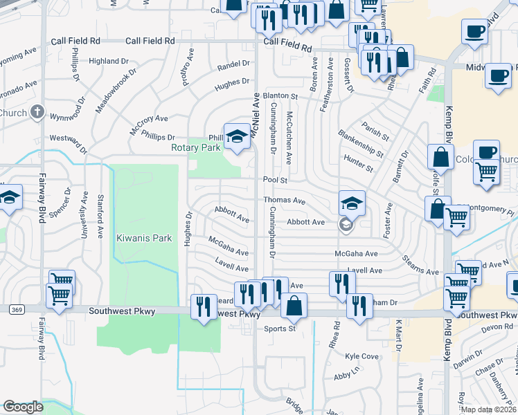 map of restaurants, bars, coffee shops, grocery stores, and more near 4358 Cunningham Drive in Wichita Falls