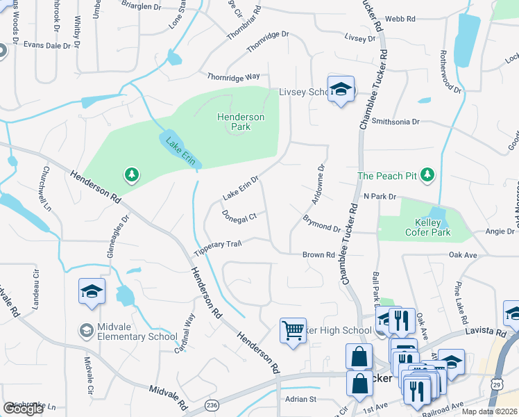 map of restaurants, bars, coffee shops, grocery stores, and more near 4010 Donegal Court in Tucker