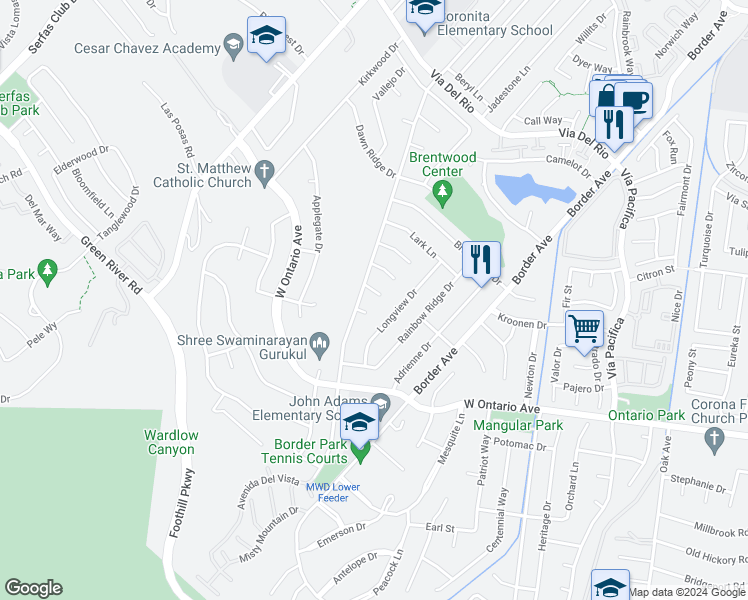 map of restaurants, bars, coffee shops, grocery stores, and more near 1734 Lind Terrace in Corona