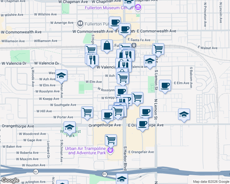 map of restaurants, bars, coffee shops, grocery stores, and more near 128 West Rosslynn Avenue in Fullerton