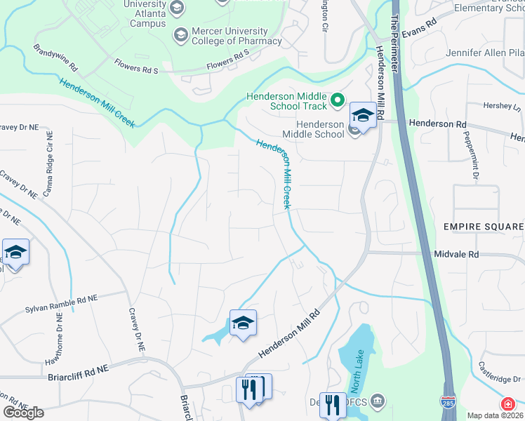 map of restaurants, bars, coffee shops, grocery stores, and more near 2635 Smoketree Court Northeast in Atlanta