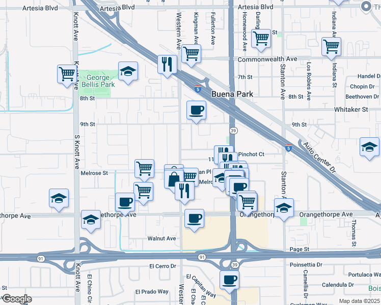 map of restaurants, bars, coffee shops, grocery stores, and more near 6641 Kingman Avenue in Buena Park