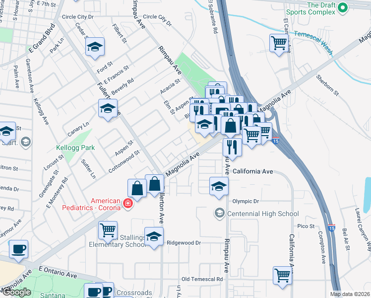 map of restaurants, bars, coffee shops, grocery stores, and more near 1638 English Place in Corona