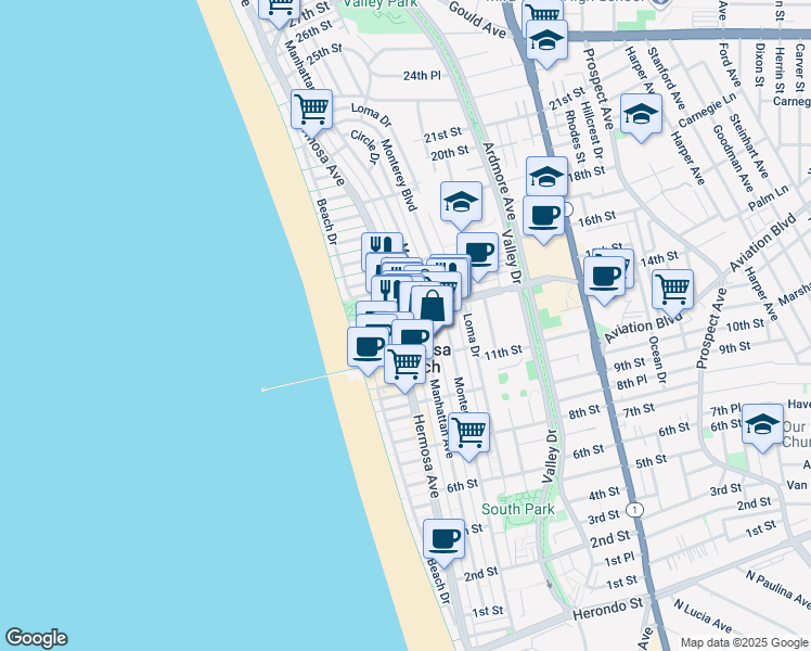 map of restaurants, bars, coffee shops, grocery stores, and more near 1414 Manhattan Avenue in Hermosa Beach