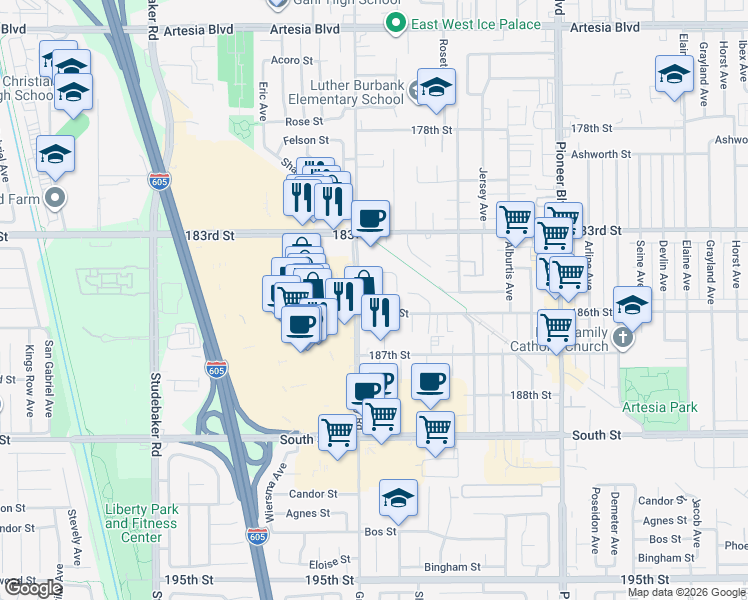map of restaurants, bars, coffee shops, grocery stores, and more near 11421 East 186th Street in Artesia