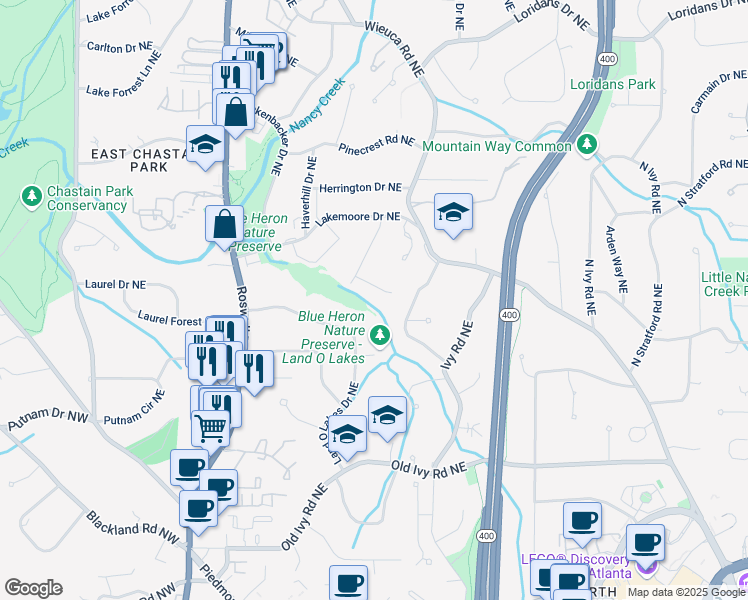 map of restaurants, bars, coffee shops, grocery stores, and more near 485 Emily Reed Lane in Atlanta