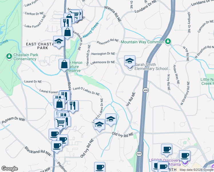 map of restaurants, bars, coffee shops, grocery stores, and more near 1 Emma Lane Northeast in Atlanta