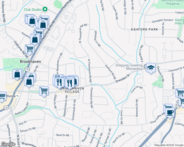 map of restaurants, bars, coffee shops, grocery stores, and more near 2625 North Thompson Road Northeast in Atlanta