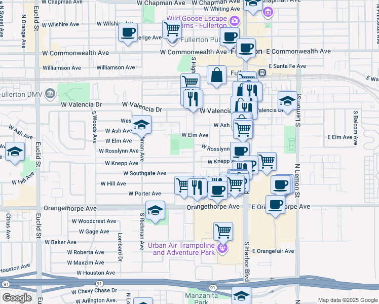 map of restaurants, bars, coffee shops, grocery stores, and more near 330 Via Amor Place in Fullerton