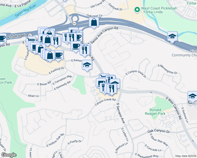 map of restaurants, bars, coffee shops, grocery stores, and more near 8131 East Oak Ridge Circle in Anaheim