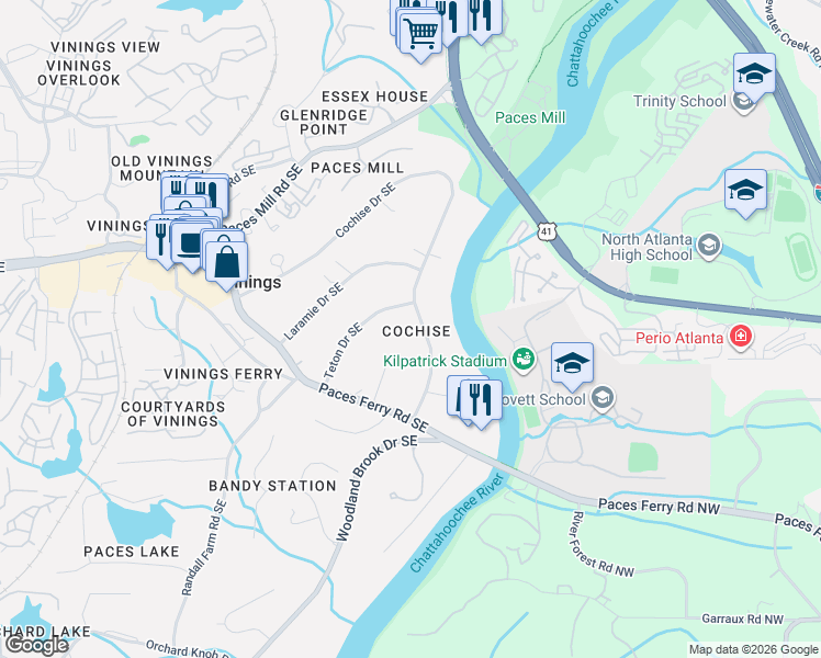 map of restaurants, bars, coffee shops, grocery stores, and more near 3623 Cochise Drive Southeast in Atlanta