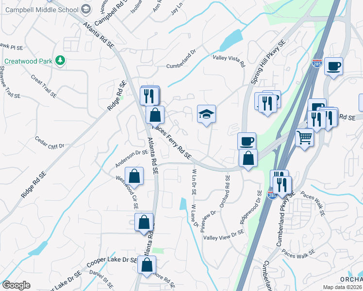 map of restaurants, bars, coffee shops, grocery stores, and more near 1999 Simpson Rd SE in Smyrna
