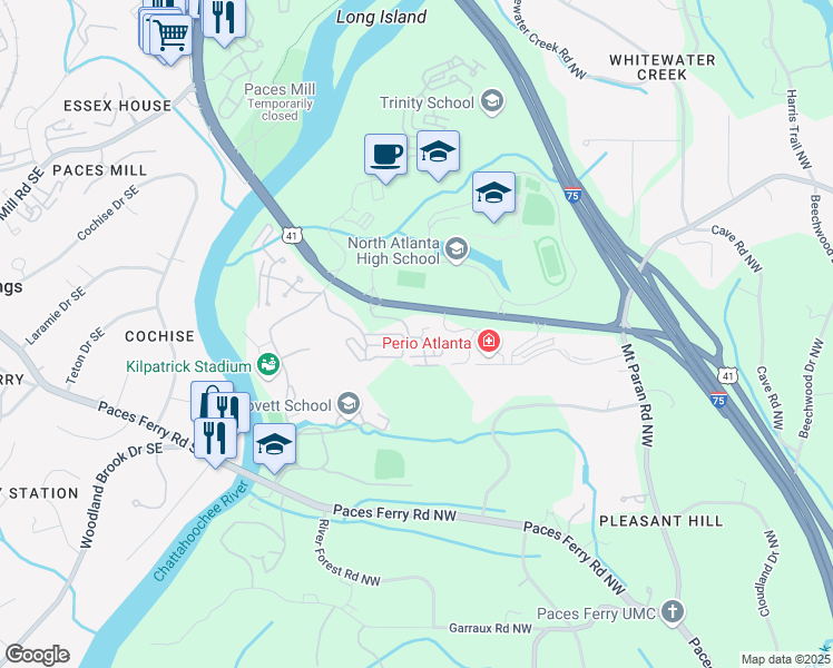 map of restaurants, bars, coffee shops, grocery stores, and more near 4254 River Green Drive Northwest in Atlanta