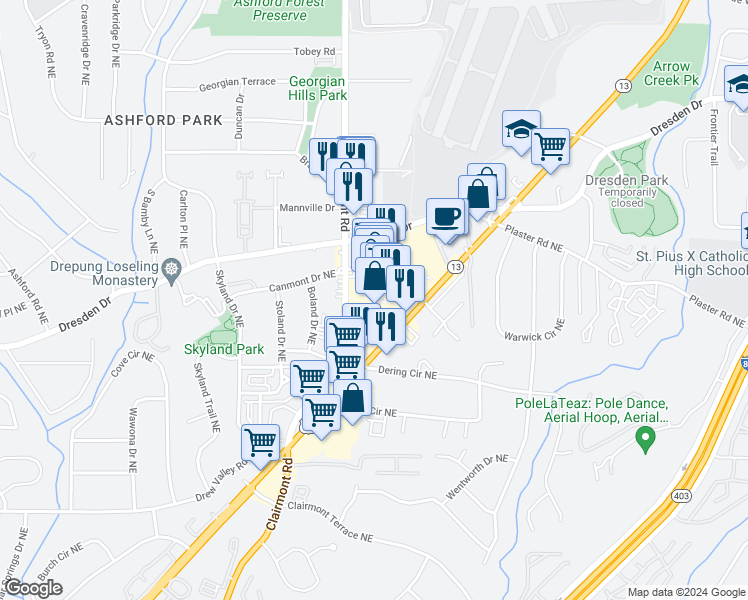 map of restaurants, bars, coffee shops, grocery stores, and more near 4166 Buford Highway Northeast in Atlanta
