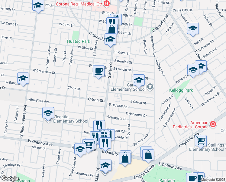 map of restaurants, bars, coffee shops, grocery stores, and more near 147 Crestview Street East in Corona