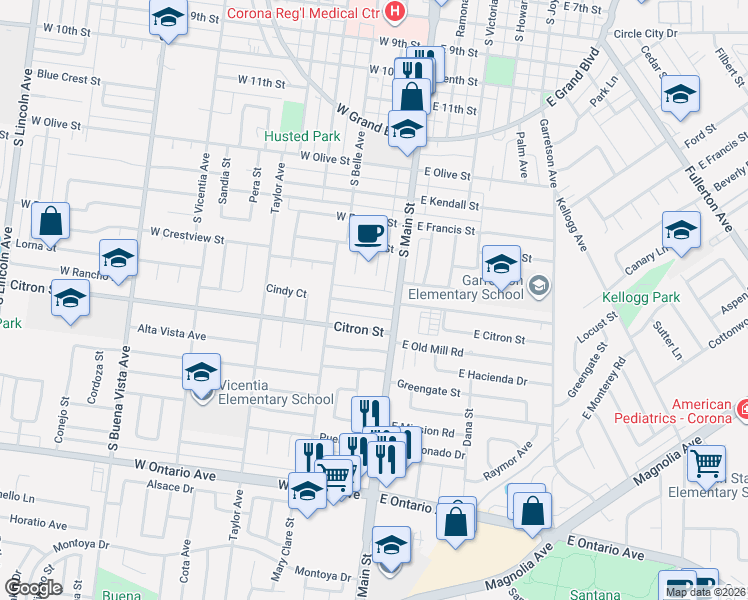 map of restaurants, bars, coffee shops, grocery stores, and more near 1673 Washburn Circle in Corona
