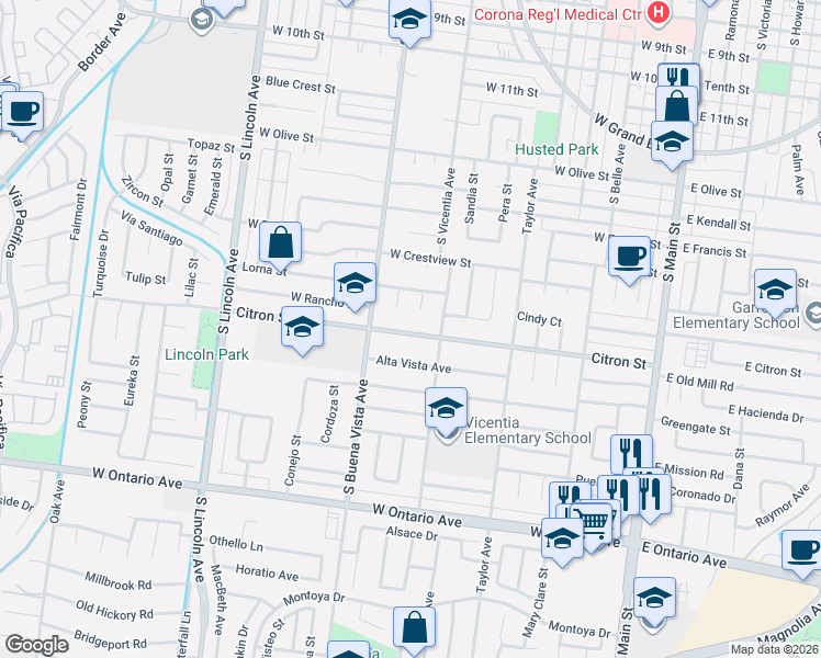 map of restaurants, bars, coffee shops, grocery stores, and more near 1721 Quail Circle in Corona