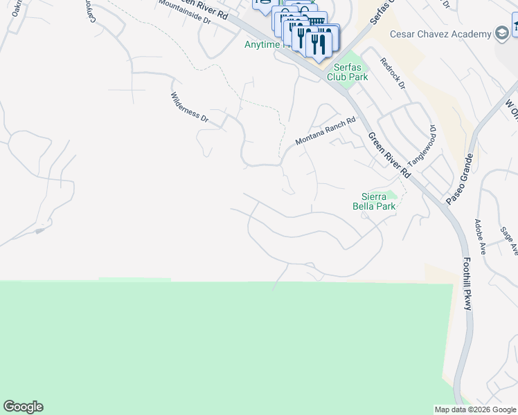 map of restaurants, bars, coffee shops, grocery stores, and more near 2714 Sierra Bella Drive in Corona