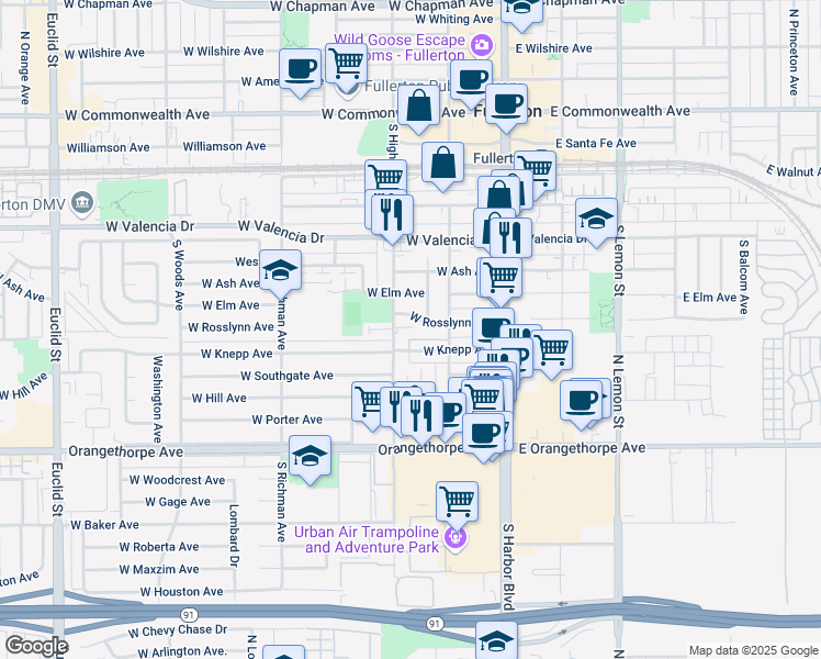 map of restaurants, bars, coffee shops, grocery stores, and more near 263 West Rosslynn Avenue in Fullerton