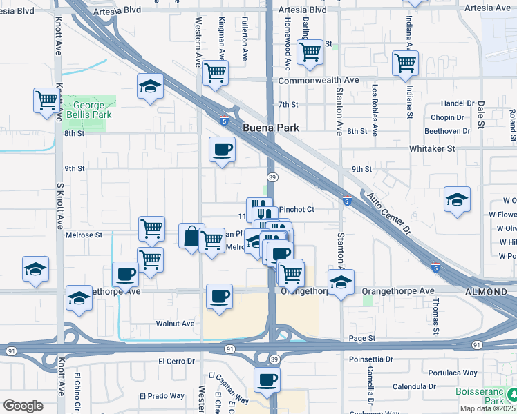 map of restaurants, bars, coffee shops, grocery stores, and more near 6671 Beach Boulevard in Buena Park