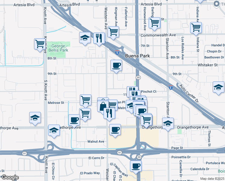 map of restaurants, bars, coffee shops, grocery stores, and more near 6641 Kingman Avenue in Buena Park
