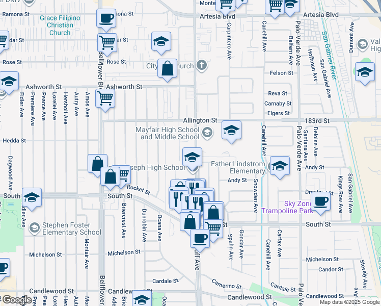 map of restaurants, bars, coffee shops, grocery stores, and more near 5822 Hedda Street in Lakewood