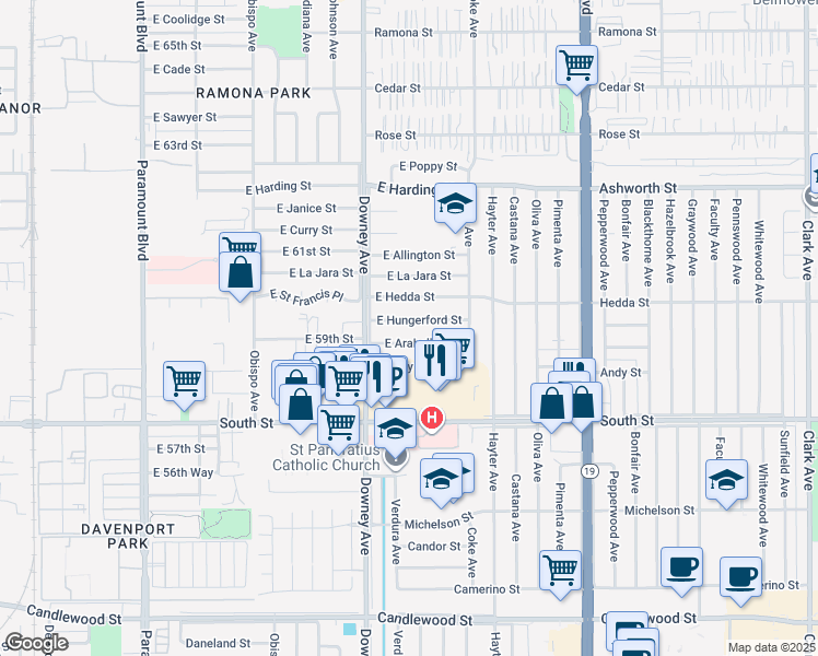 map of restaurants, bars, coffee shops, grocery stores, and more near 3702 East Hedda Street in Long Beach