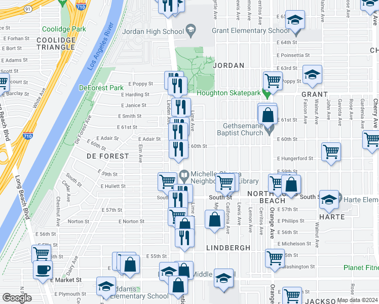map of restaurants, bars, coffee shops, grocery stores, and more near 6025 Atlantic Avenue in Long Beach