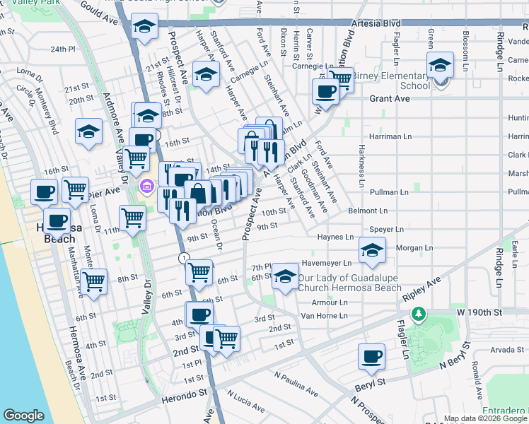 map of restaurants, bars, coffee shops, grocery stores, and more near 1109 Prospect Avenue in Hermosa Beach