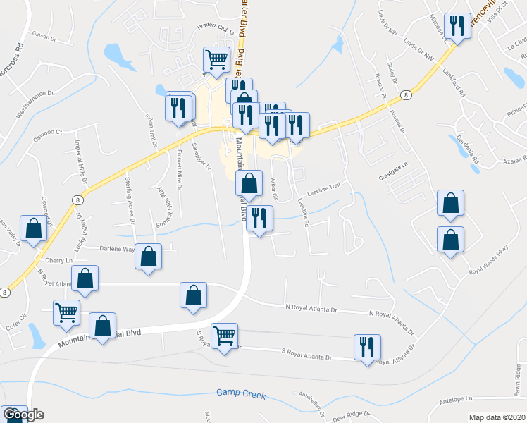 map of restaurants, bars, coffee shops, grocery stores, and more near 2645 Tucker Valley Road in Tucker
