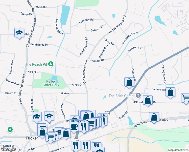 map of restaurants, bars, coffee shops, grocery stores, and more near 4462 Cain Circle in Tucker