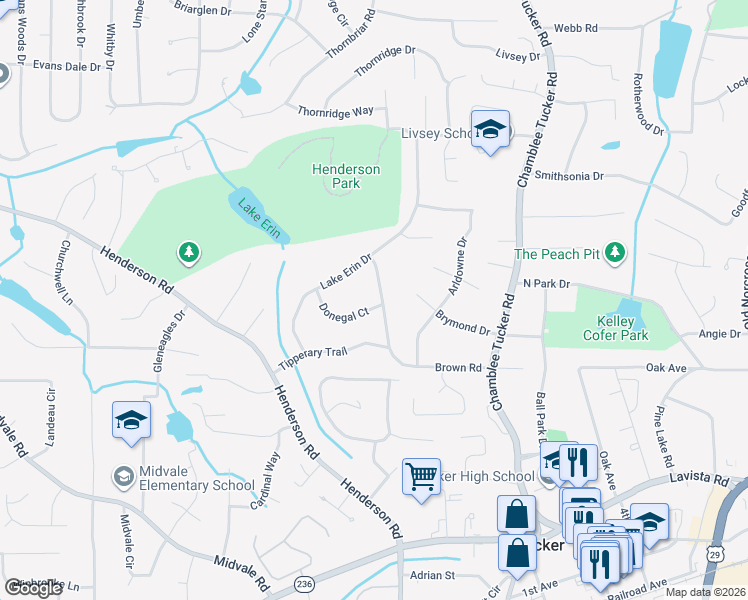 map of restaurants, bars, coffee shops, grocery stores, and more near 4010 Donegal Court in Tucker
