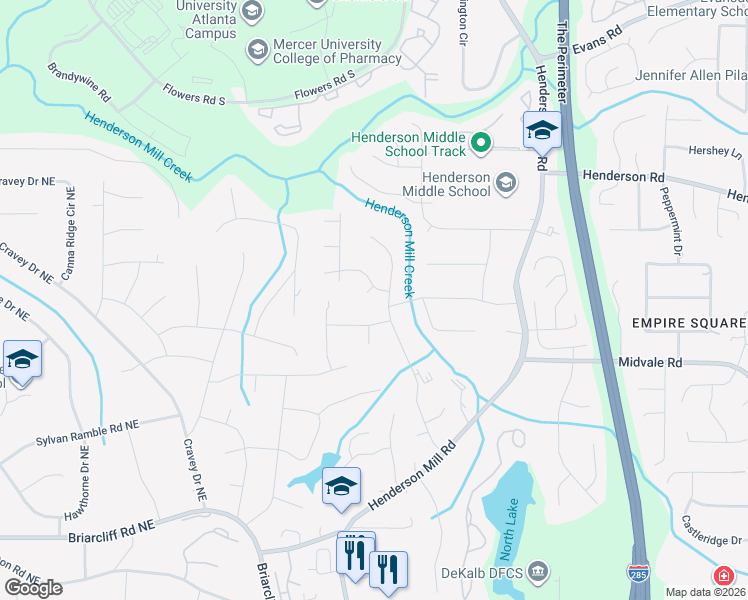 map of restaurants, bars, coffee shops, grocery stores, and more near 2635 Smoketree Court Northeast in Atlanta