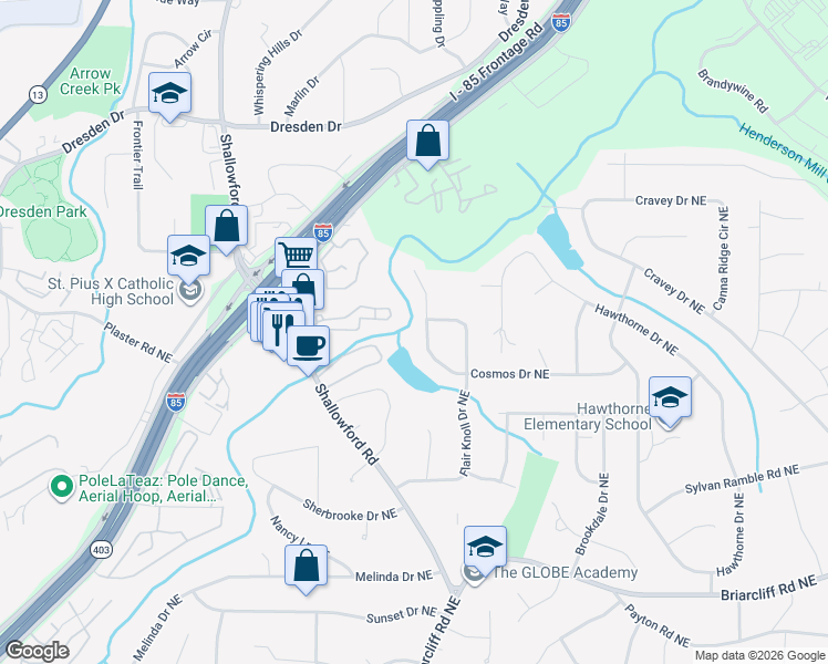 map of restaurants, bars, coffee shops, grocery stores, and more near 1502 Briarlake Court Northeast in Atlanta