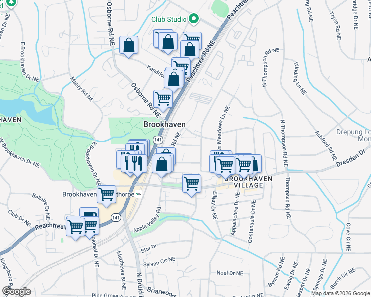 map of restaurants, bars, coffee shops, grocery stores, and more near 1290 Oaklawn Avenue Northeast in Atlanta
