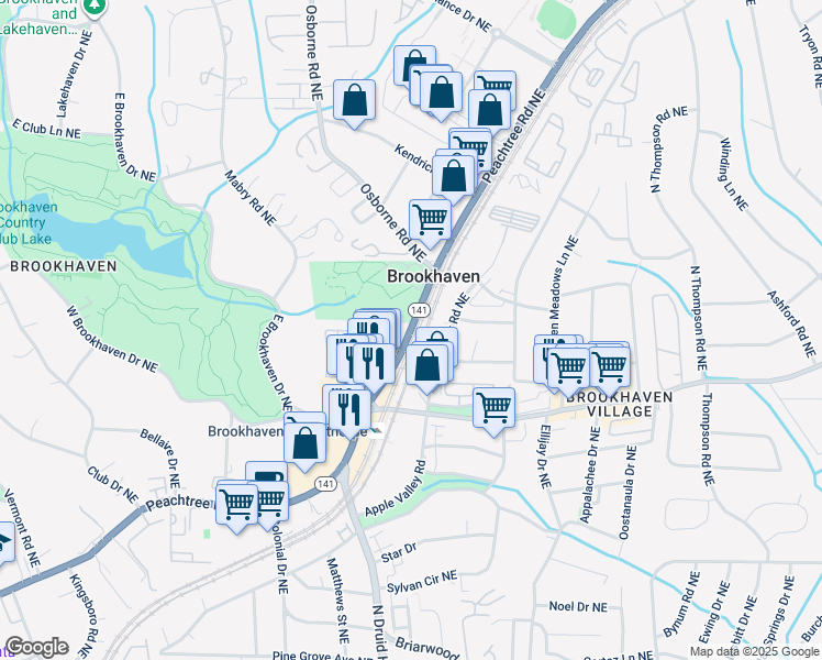 map of restaurants, bars, coffee shops, grocery stores, and more near 4120 Peachtree Road in Atlanta