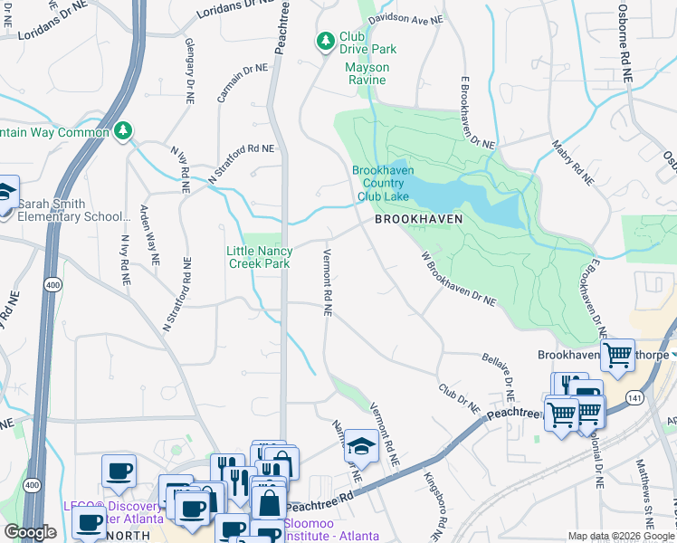 map of restaurants, bars, coffee shops, grocery stores, and more near 3965 Vermont Road Northeast in Atlanta