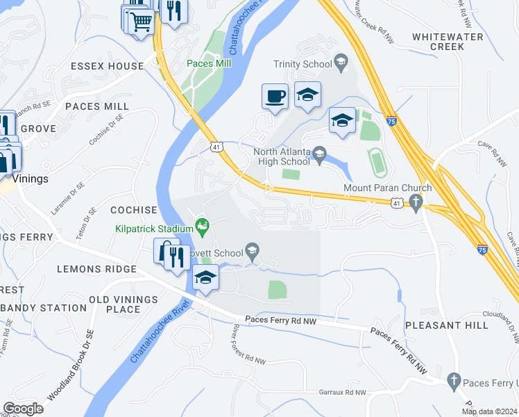 map of restaurants, bars, coffee shops, grocery stores, and more near 405 Townsend Place Northwest in Atlanta