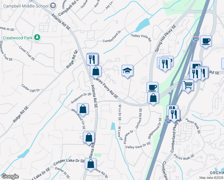 map of restaurants, bars, coffee shops, grocery stores, and more near 1999 Simpson Road Southeast in Smyrna