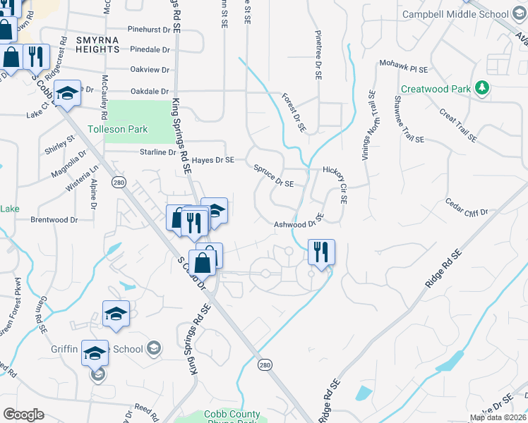 map of restaurants, bars, coffee shops, grocery stores, and more near 3683 Ashwood Drive Southeast in Smyrna