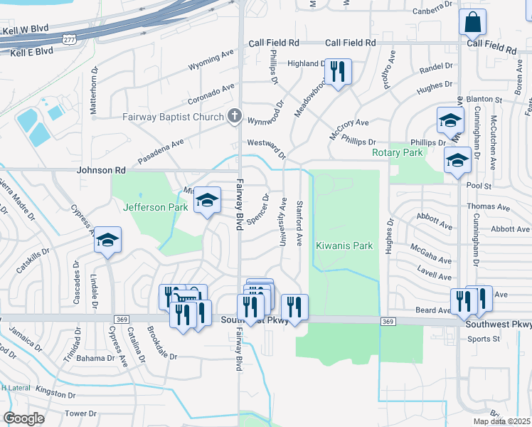 map of restaurants, bars, coffee shops, grocery stores, and more near 4616 University Avenue in Wichita Falls
