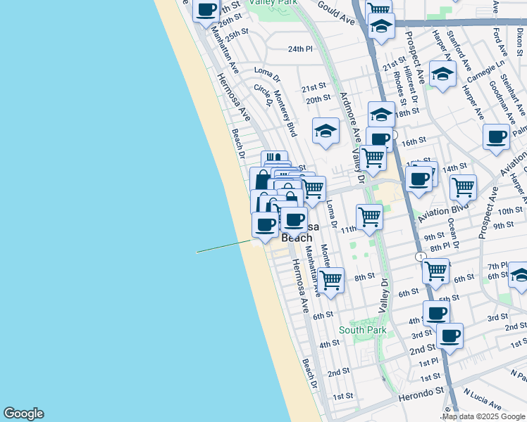 map of restaurants, bars, coffee shops, grocery stores, and more near 1300 The Strand in Hermosa Beach