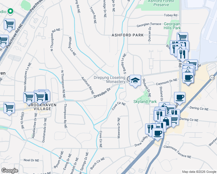map of restaurants, bars, coffee shops, grocery stores, and more near 2565 Winding Lane Northeast in Brookhaven