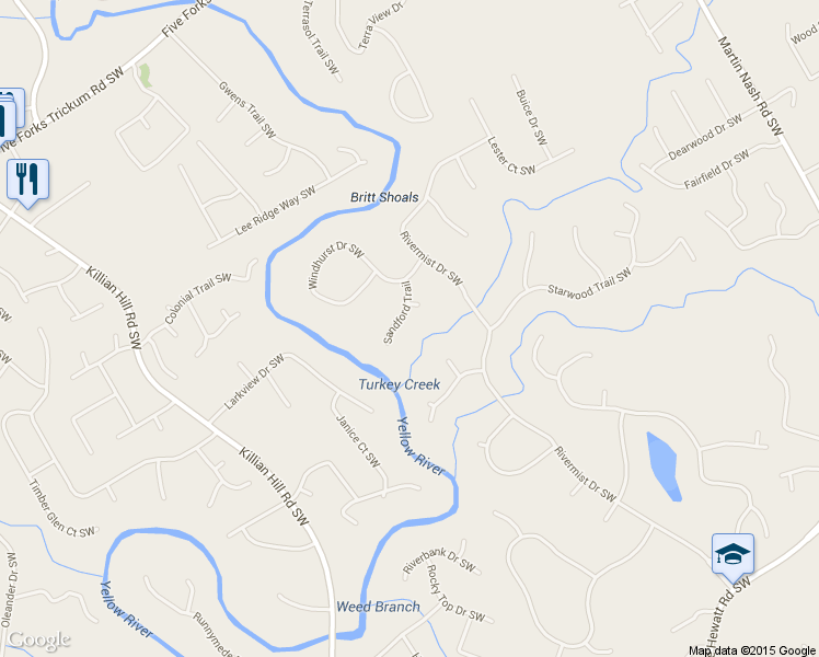 map of restaurants, bars, coffee shops, grocery stores, and more near 1440 Sandford Trail in Lilburn