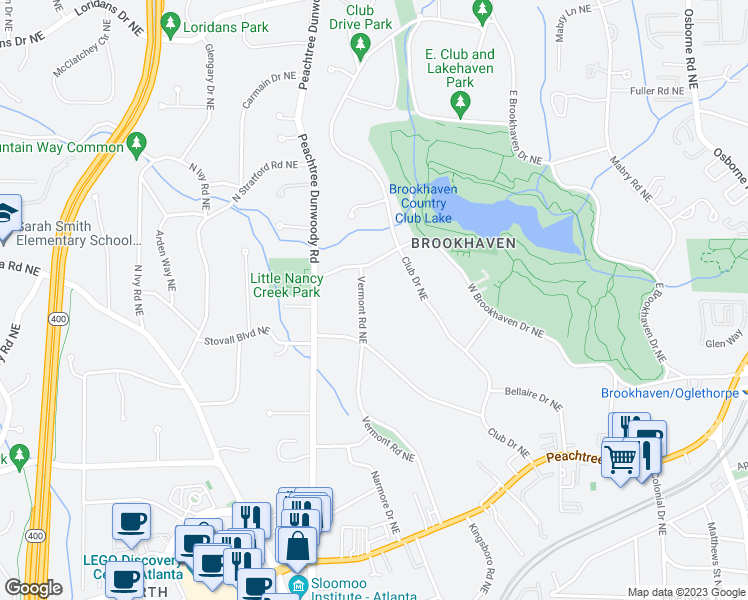 map of restaurants, bars, coffee shops, grocery stores, and more near 3965 Vermont Road Northeast in Atlanta