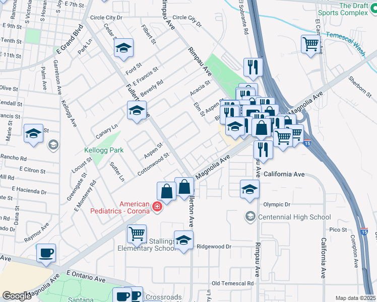 map of restaurants, bars, coffee shops, grocery stores, and more near 1109 Stone Pine Lane in Corona